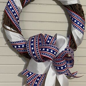 Patriotic Wreath with Red, White, and Blue Ribbon